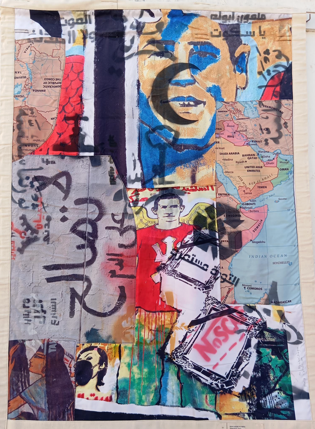 Cairo Streets, Hanging Tapestry, original mixed-media work on fabric by Mohamed Abou El Naga