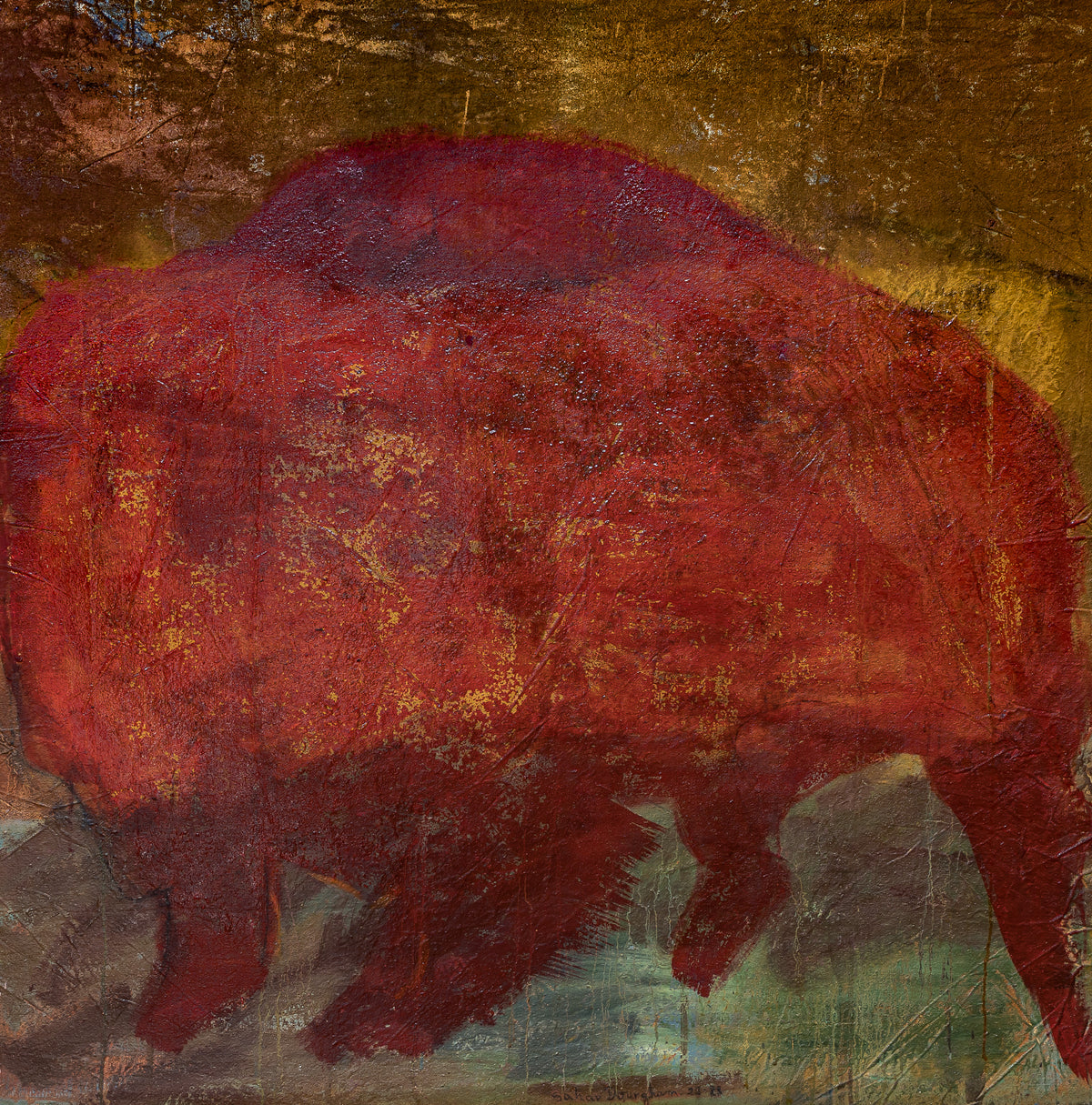 The Red Mammoth, original oil painting on linen by Sahar Dourgham