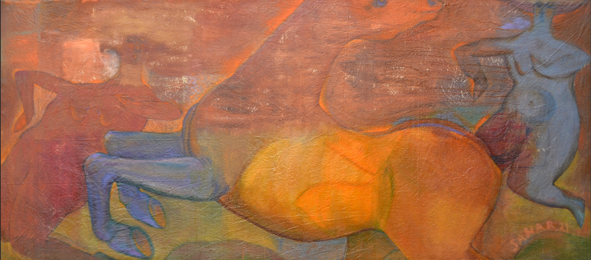 Two Women and Horse, original oil painting on linen by Sahar Dourgham