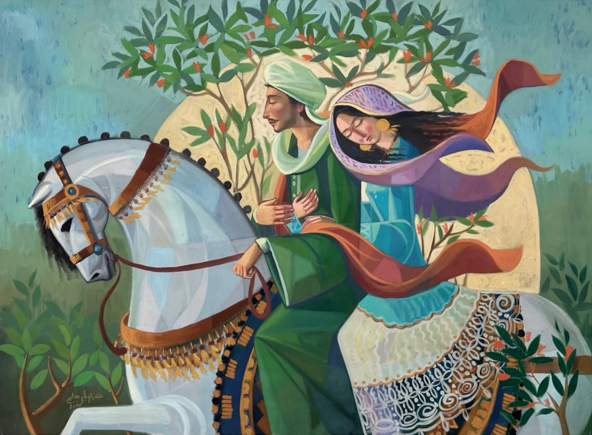 Lovers on a White Horse, original oil painting on canvas by Felopateer Halim