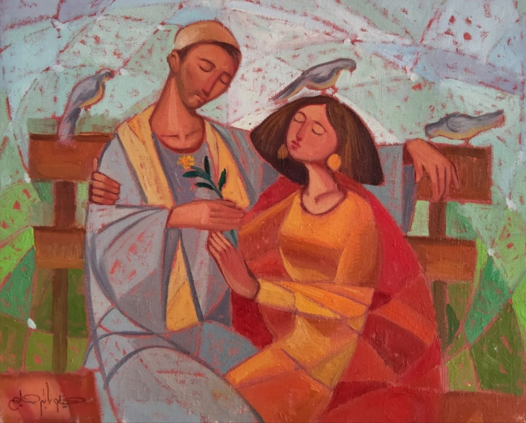 Lovers with Birds, original oil painting on canvas by Felopateer Halim
