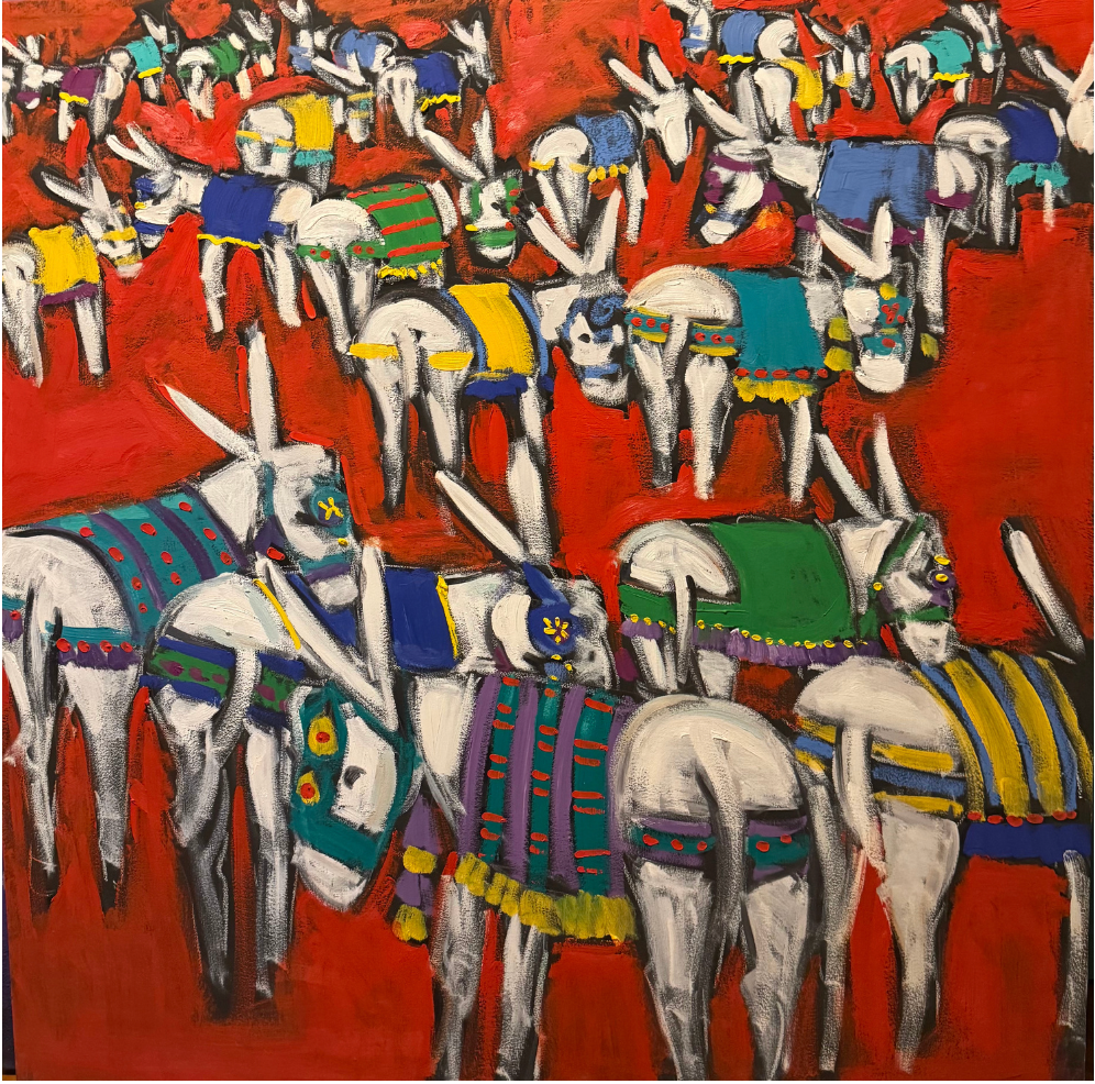 Donkeys on Red, original oil painting on canvas by Miriam Hathout