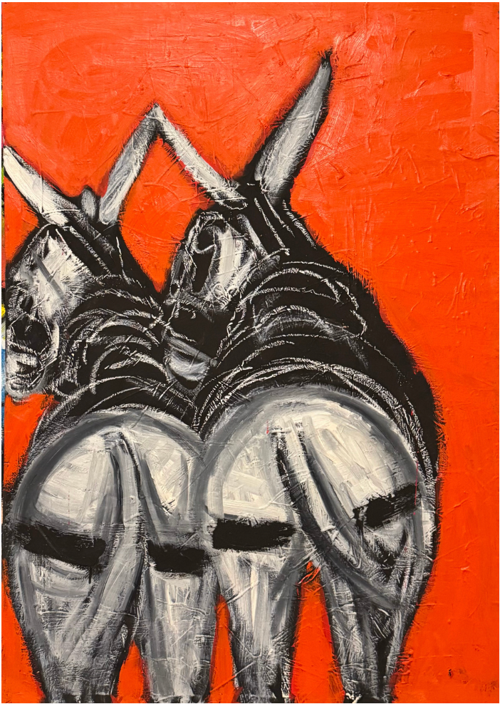 Flirting Donkeys, original oil painting on canvas by Miriam Hathout