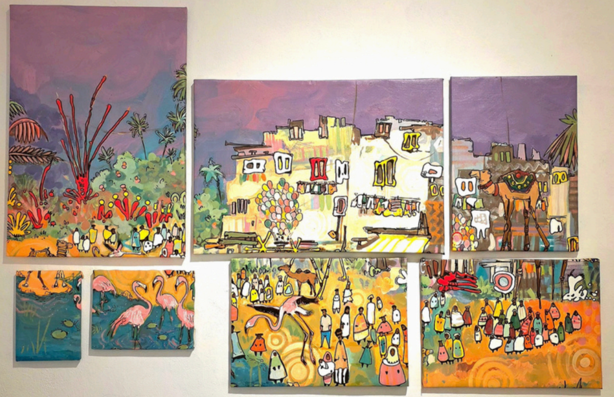 Mouled Sidi Flamingo, original mixed-media work on canvas by Nour Hussein