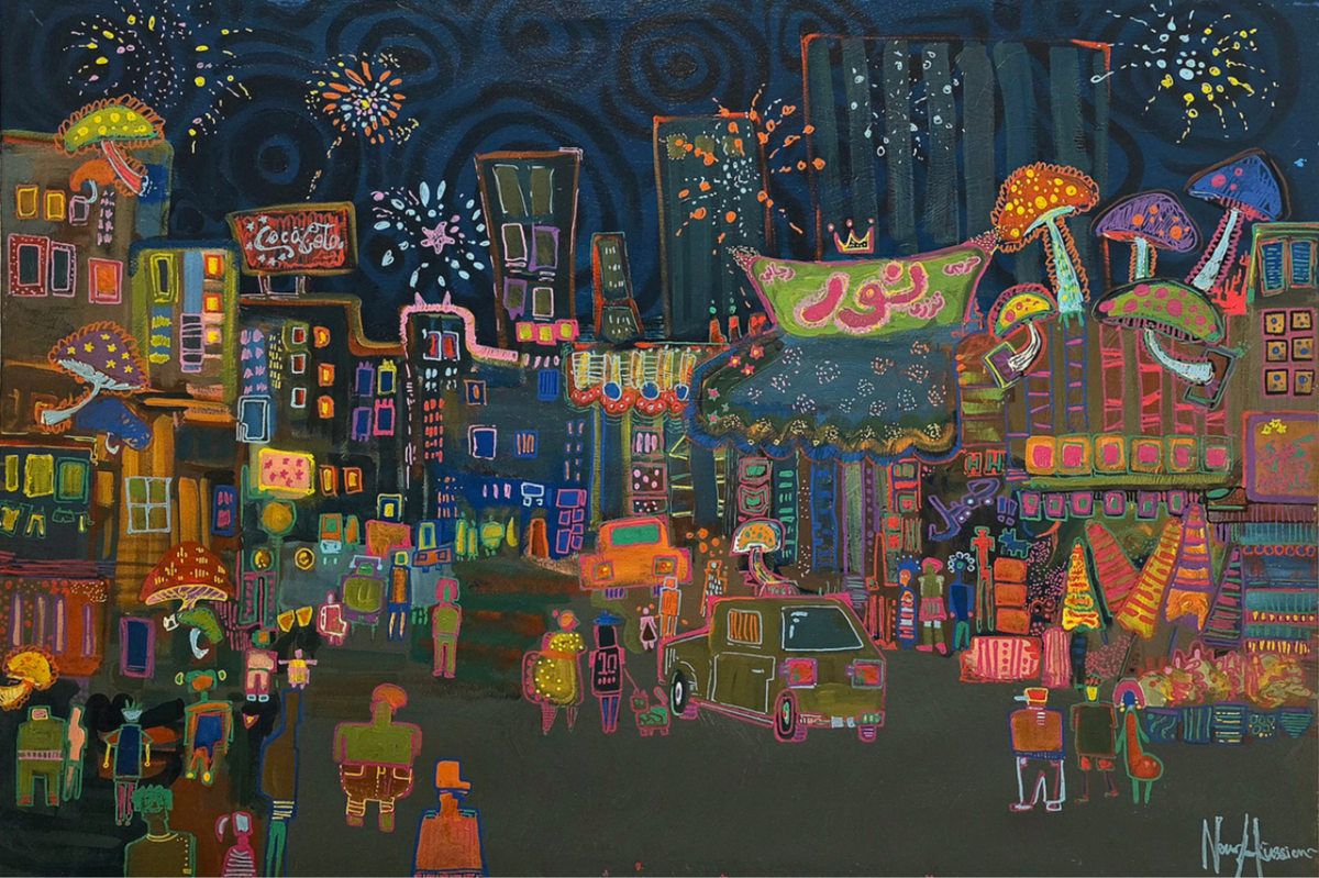 Night Market, original mixed-media work on canvas by Nour Hussein