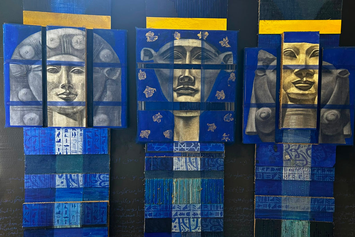 Hathor's Triad, original mixed-media work on board by Karen Weick